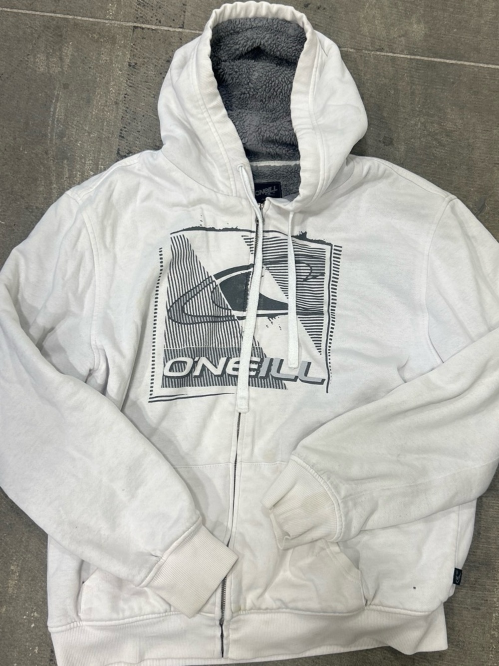 O'Neill White Zip Hoodie with Gray Sherpa Lining